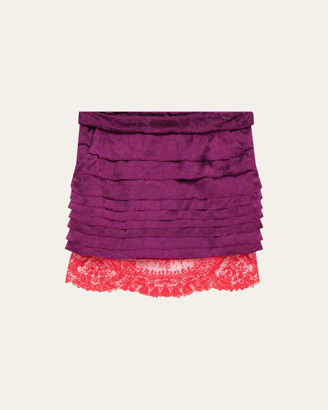 Lace-Hem Ruffled Jacquard Mini Skirt